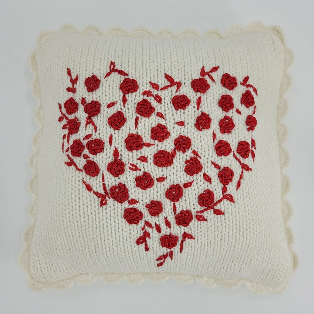 Dakotah Home Knits Pillow Size 11x11 Heart of My Heart Rose Embroidery Scallop